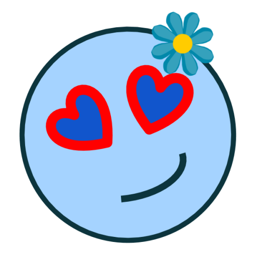 That Girl Out There's logo. A crooked smile face emoji in teal with a half smile, two heart shaped eyes and a blue and yellow flower on it's hairline.